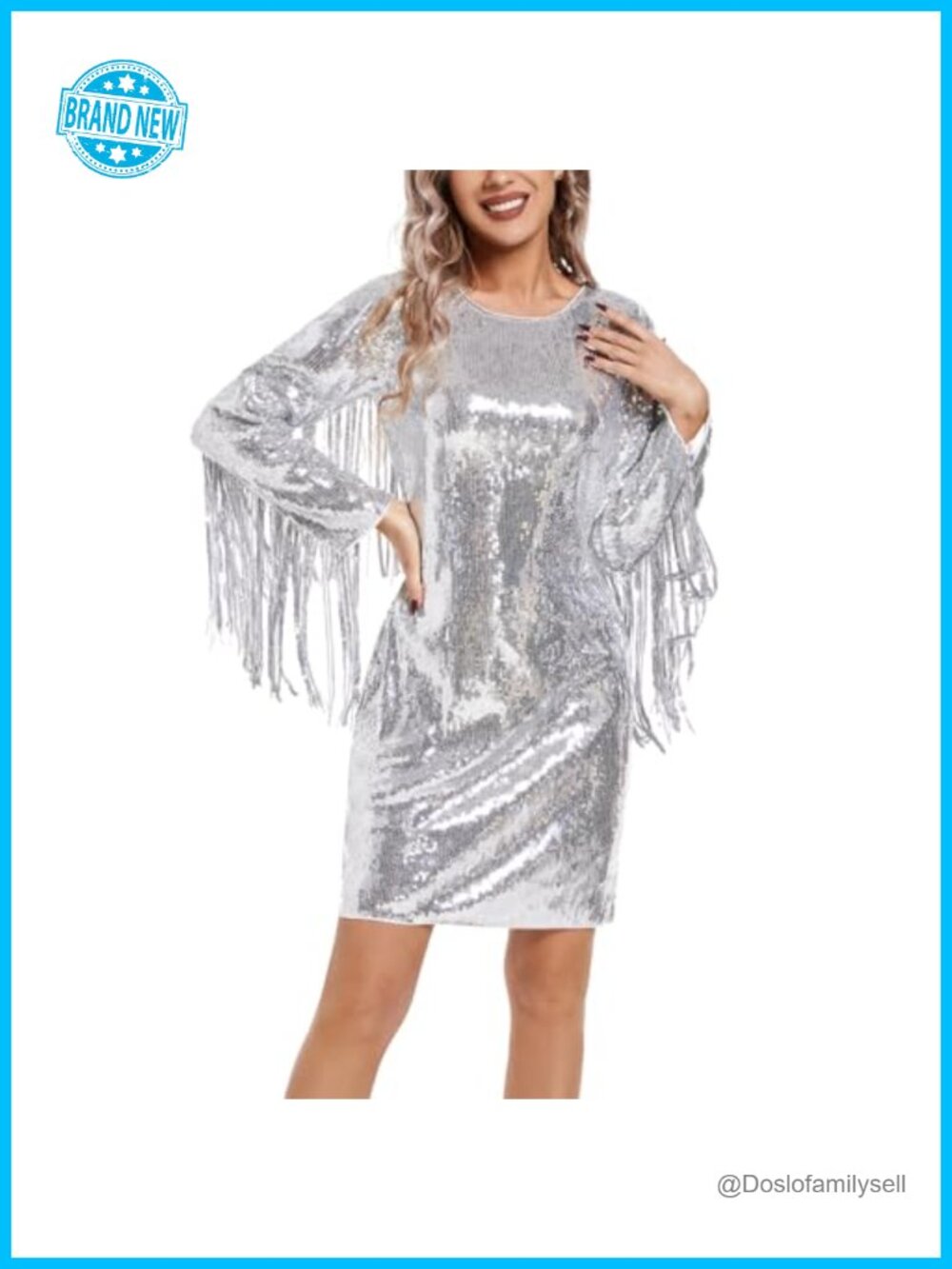 Sequin Fringe Long Sleeve Bodycon Mini Dress Club Party